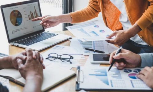 Business team meeting to conference, collaboration discussing working analyzing with financial data and marketing business strategy project, presentation and brainstorming to making profit of company.