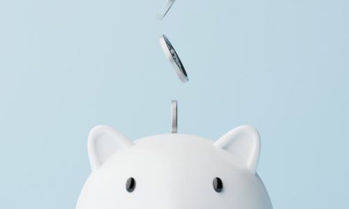 Save money and investment concept. Closeup piggy bank and silver coins falling. 3d rendering illustration