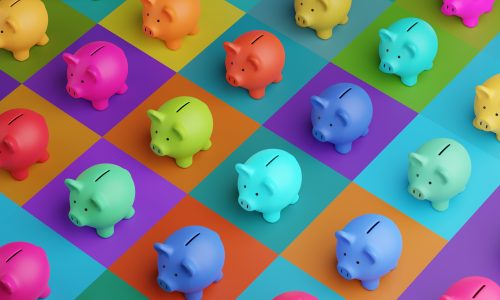 Array of piggy banks in saturated colours on high colour contrast background. Illustration of the concept of bank savings, financial investment and multiple sources of income