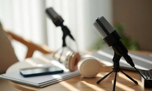 Microphones on table prepared for podcaster and show guest
